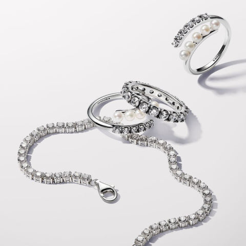 Pandora Treated Freshwater Cultured Pearls & Pave Open Ring