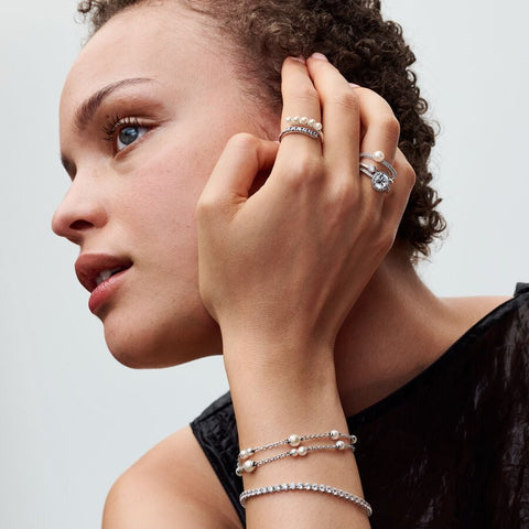 Pandora Treated Freshwater Cultured Pearl & Pave Double Band Ring