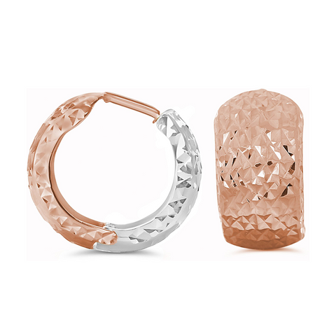 10K Rose & White Gold Broad Fancy Huggies Earrings