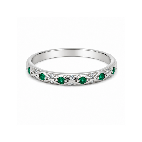 Sterling Silver White Gold Plated CZ Green Ring