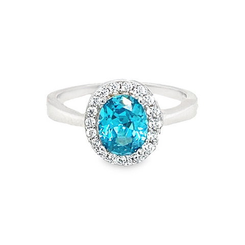 March Birthstone Color CZ Oval Halo Ring in Sterling Silver