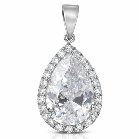 White Gold Plated Pear Shaped Halo Pendant in Sterling Silver