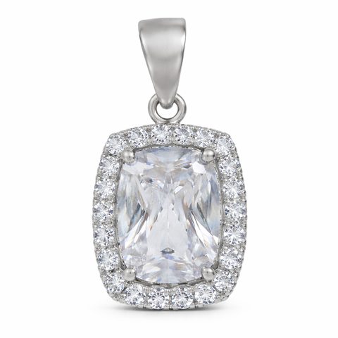 Sterling Silver White Gold Plated CZ Radiant Halo Pendant