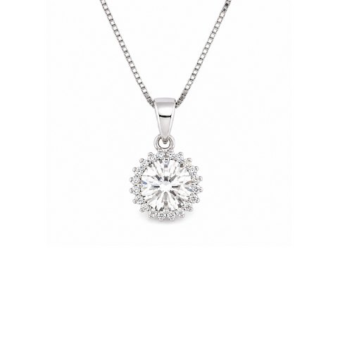 Sterling Silver White Gold Plated CZ Round Halo Pendant