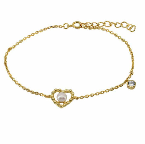 Sterling Silver Gold Plated CZ & Pearl Heart 7.5