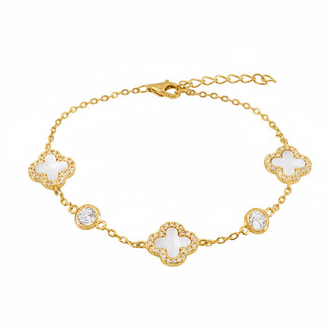 Sterling Silver Gold Plated CZ MOP Clover 7