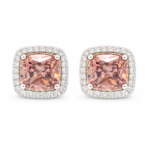 October Birthstone Sterling Silver Cushion Pink Tourmaline Color CZ Earrings
