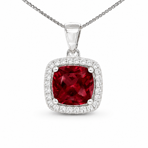 January Birthstone Garnet Color CZ Cushion Pendant In Sterling Silver