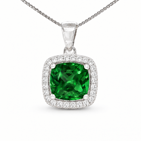 May Birthstone Emerald Color CZ Cushion Pendant In Sterling Silver