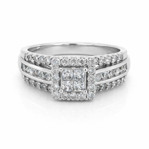 14K White Gold 1.00TDW Diamond Quad Princess Cut Halo Engagement Ring