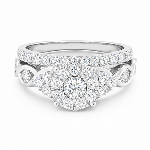 10K White Gold 1.00TDW Diamond Halo Wedding Set