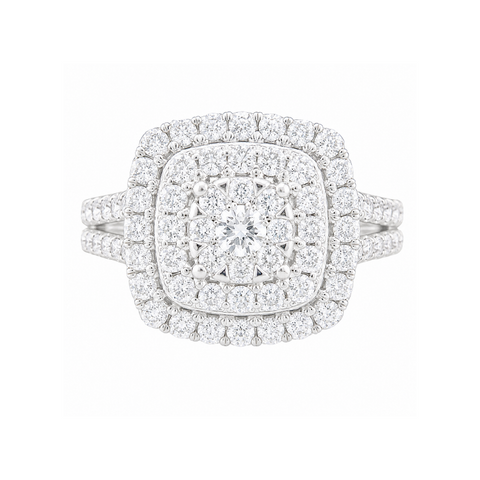 1.00TDW Round Diamond Halo Engagement Ring with Floral Center in 10K White Gold