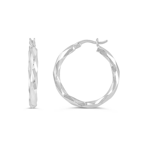 10k White Gold Geometric Pattern Hoop Earrings