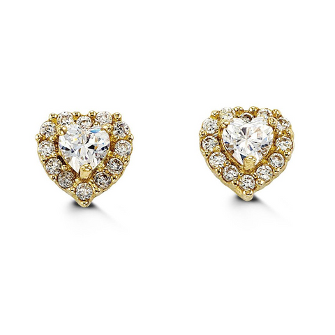 14K Yellow Gold White Heart Shape CZ Baby Earrings