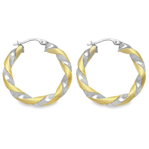 14K Yellow and White Gold Satin Finished Twisted Hoop Earrings