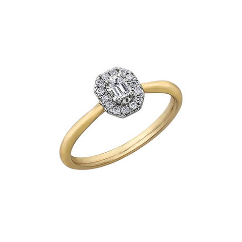 10K Yellow and White Gold 0.20 Carat Emerald Cut Diamond Halo Ring