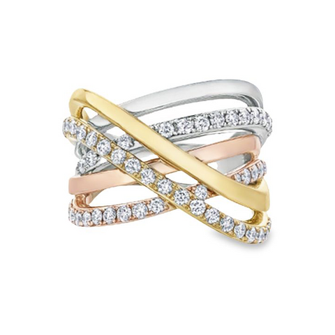 1.00TDW Three-Tone Diamond Modern Ring in 10K Yellow, White and Rose Gold