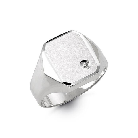 10K White Gold Mens Signet Hexagonal Ring With CZ Stone
