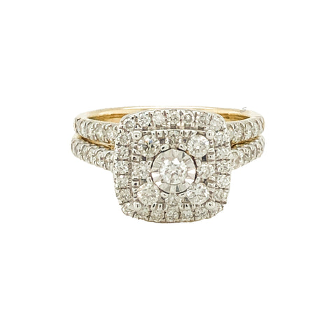 10K Yellow Gold 1.00TDW Diamond Illusion Head Cushion Halo Bridal Set