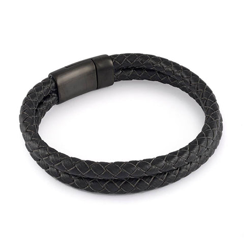 Black-IP Stainless Steel Clasp 2-Strand Leather 8.5
