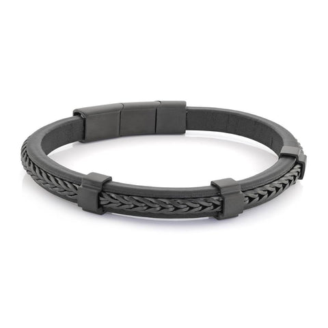 Black IP Stainless Steel Franco-Link Centre Leather Adjustable 7.5+0.5