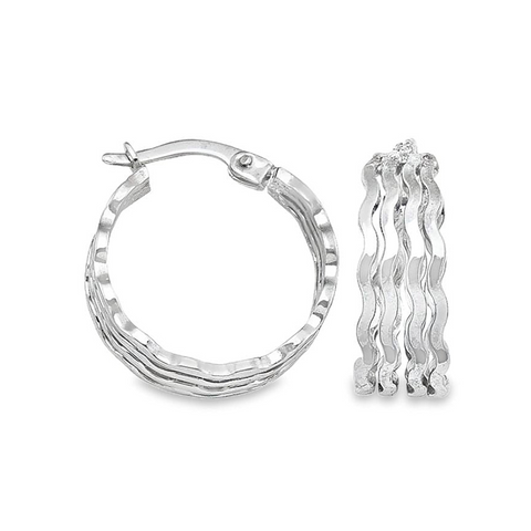 14K White Gold Wave Fancy Hoop Earrings