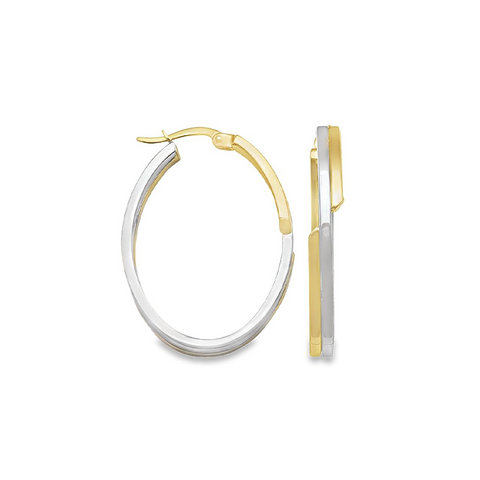 14K Two Tone Gold Oval Fancy Hoop Earrings