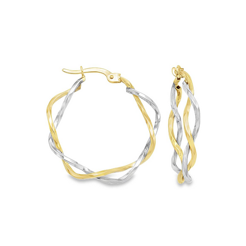 14K Yellow and White Gold Fancy Twist Hoop Earrings