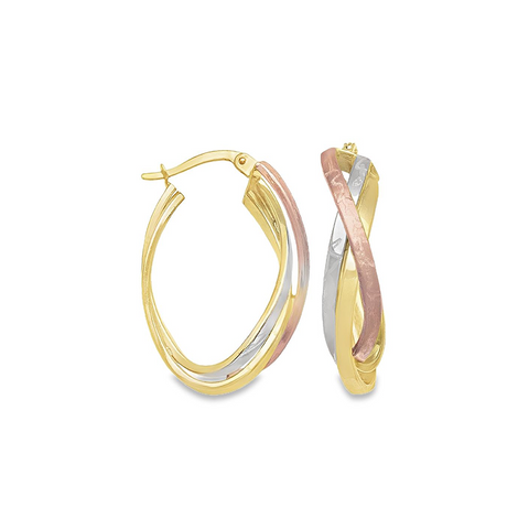 10K Tri-Color Gold Sleek Fancy Hoop Earrings