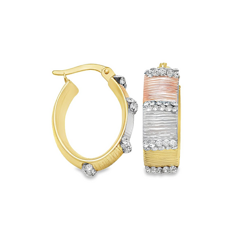 Tri Colour Fancy CZ Hoop Earrings in 10K Gold