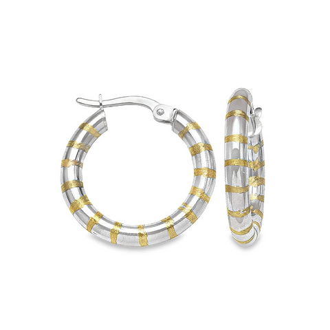 10K Yellow and White Gold 3mm Patterned Hoop Earrings