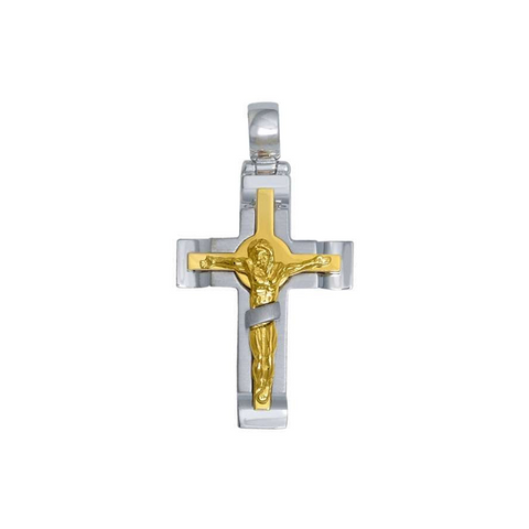 14k White Gold Fancy Religious Italian Cross with Yellow Gold Crucifix
