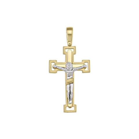 14k Yellow Gold Fancy Religious Italian Cross with White Gold Crucifix