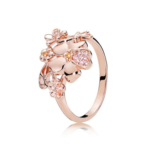 Pandora Floral Ring In Pandora Rose With 2 Bead-Set Rose