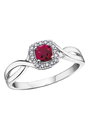 10K White Gold Ruby and Diamond Halo Ring
