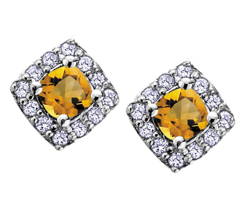 10k White Gold Citrine and Diamond Halo Earrings