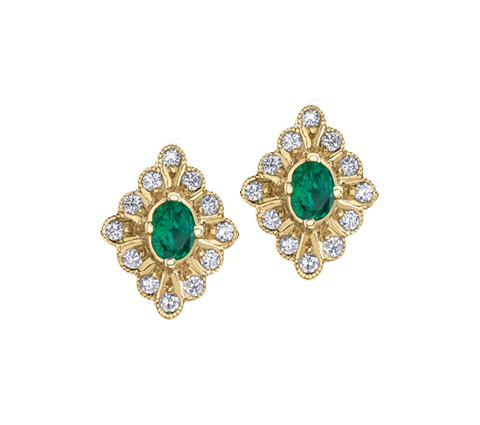 10K Yellow Gold Emerald and Diamond Fancy Stud Earrings