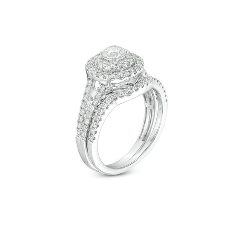 14K White Gold 1.00TDW Diamond Double Round Halo Engagement Bridal Set