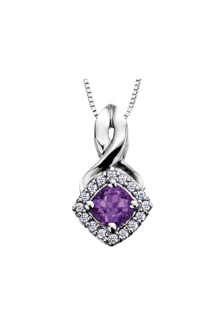 10K White Gold Amethyst and Diamond Halo Pendant with Chain