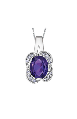 10K White Gold Amethyst and Diamond Pendant with Chain