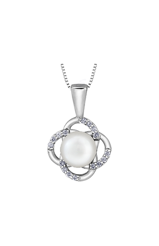 10K White Gold Pearl and Diamond Pendant with Chain