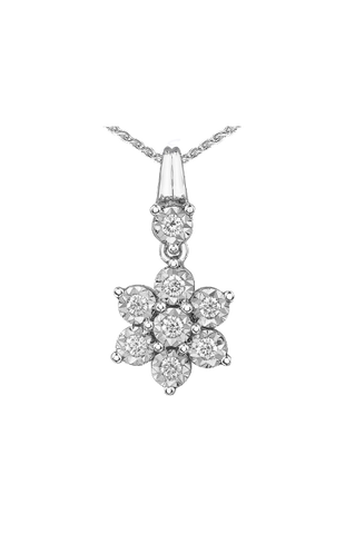 10K White Gold 0.20TDW Diamond Floral Cluster Pendant with Chain