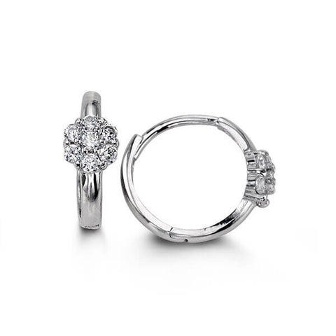 14k White Gold Huggies with CZ Flower Motif