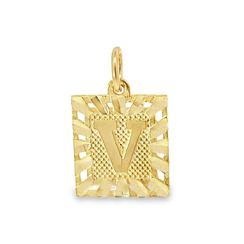 Initial Letter V Square Pendant in 10K Yellow Gold