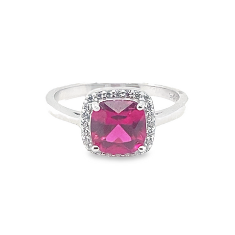 July Birthstone Ruby Color CZ Halo Ring in Sterling Silver