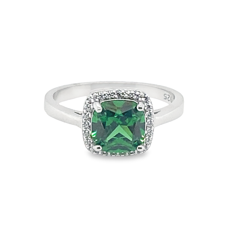 May Birthstone Emerald Color Cushion Cut CZ Ring in Sterling Silver