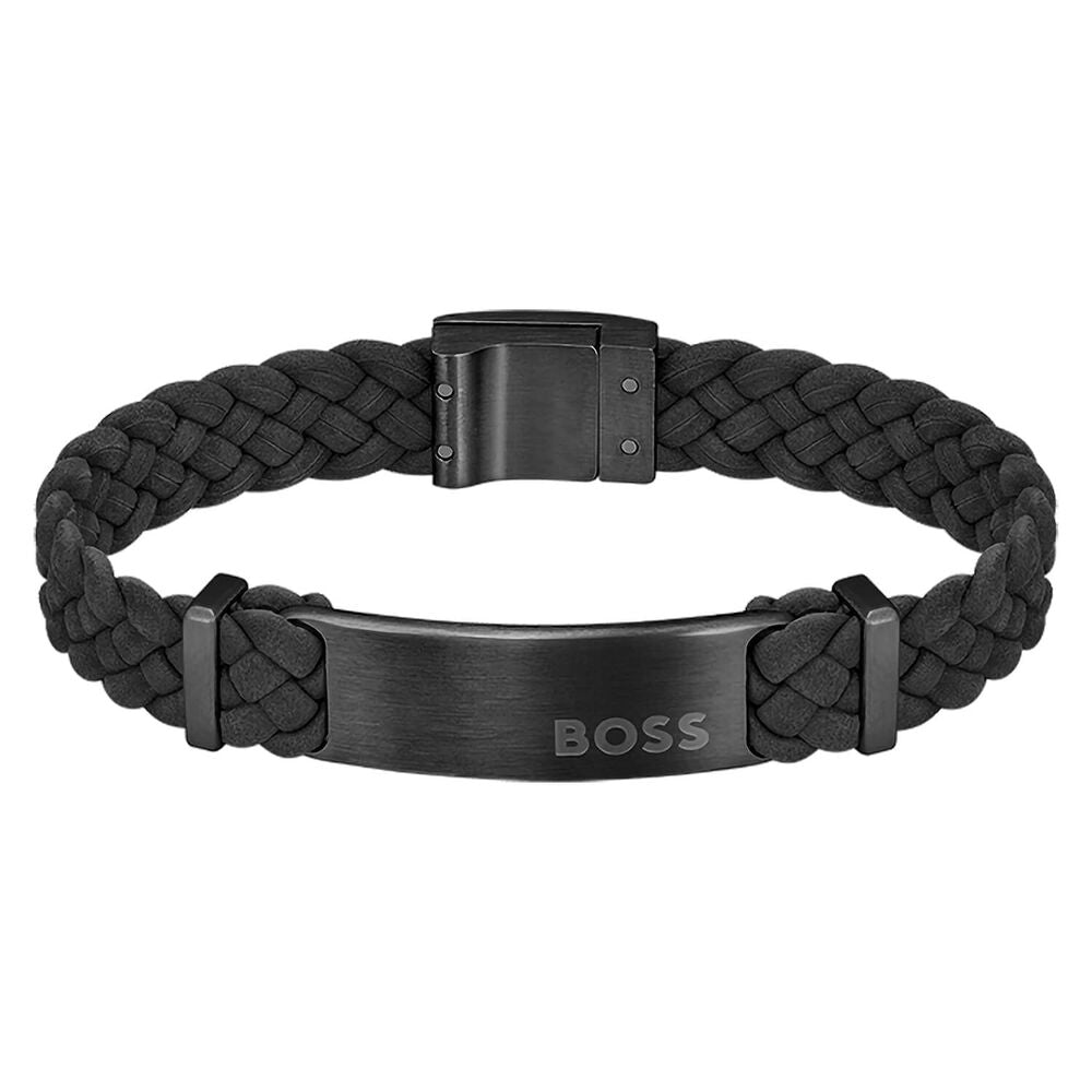 Hugo Boss Jewellery Men&#39;s Dylan Black Leather Stainless Steel Plate Bracelet 1580608M