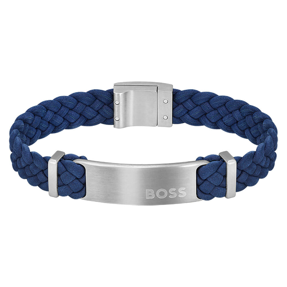 Hugo Boss Jewellery Men&#39;s Dylan Navy Blue Leather Stainless Steel Plate Bracelet 1580609M