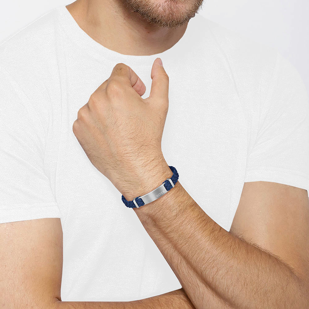 Hugo Boss Jewellery Men&#39;s Navy Braided Leather Bracelet 1580609S