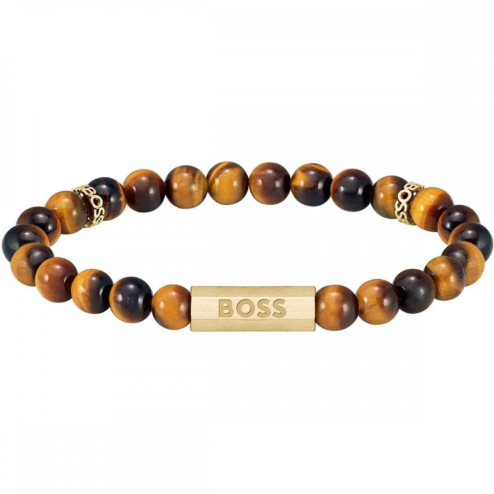 Hugo Boss Jewellery Men&#39;s Sphere Stones Tigers Eye Beaded Bracelet 1580661M